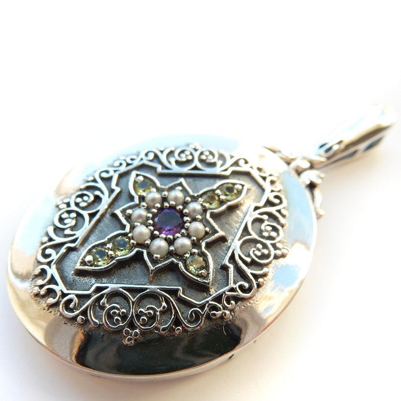 Sterling Silver Seed Pearl Amethyst & Peridot Locket