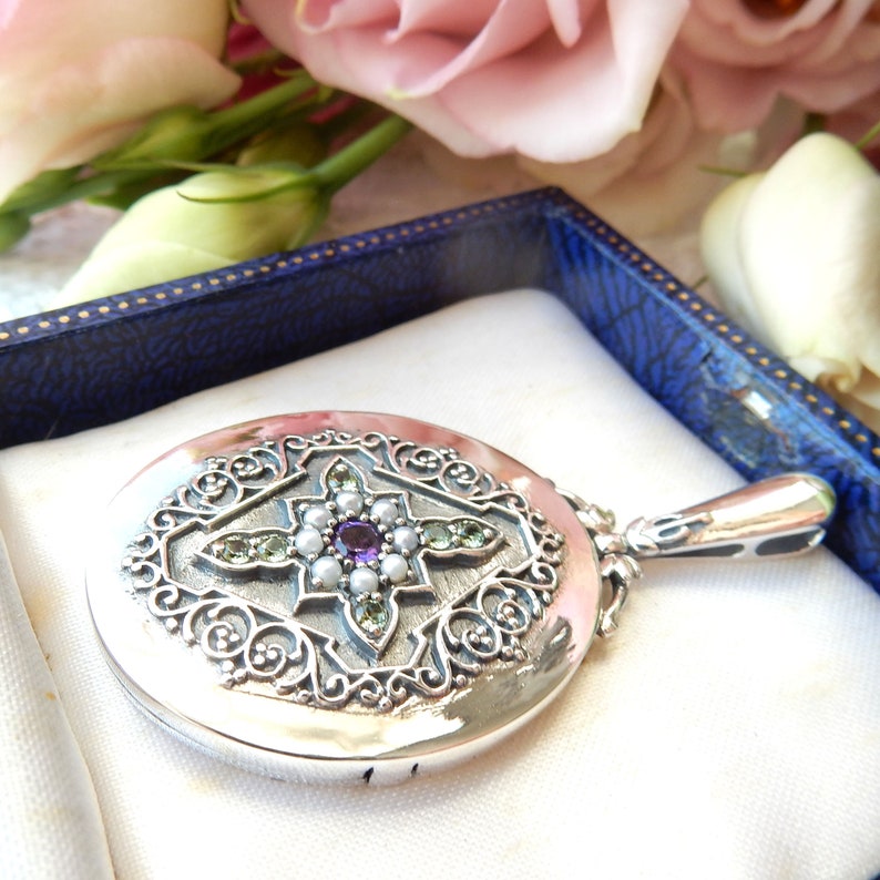Sterling Silver Seed Pearl Amethyst & Peridot Locket