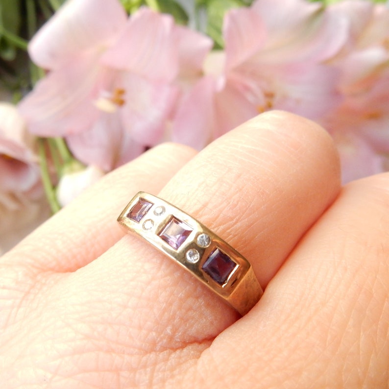 Vintage 9ct Gold Amethyst & Spinel Ring US Size 8 1/4