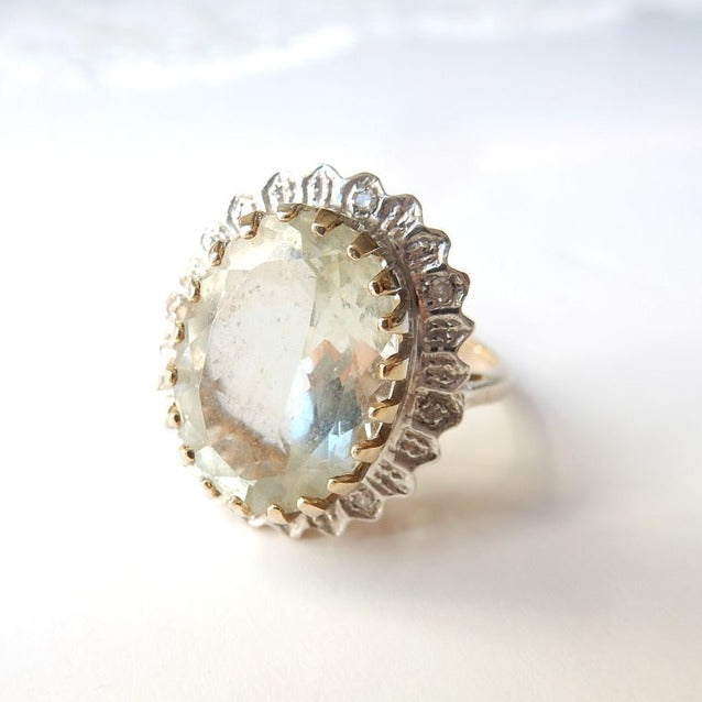 Vintage 9ct Gold Brazilian Green Amethyst & Diamond Ring US Size 6.5