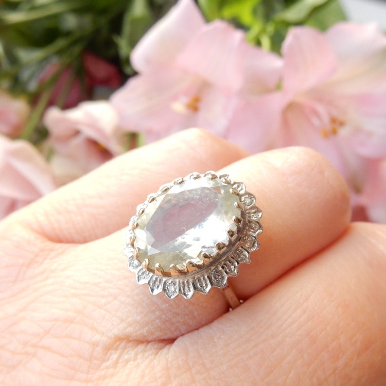 Vintage 9ct Gold Brazilian Green Amethyst & Diamond Ring US Size 6.5 UK N 1/2