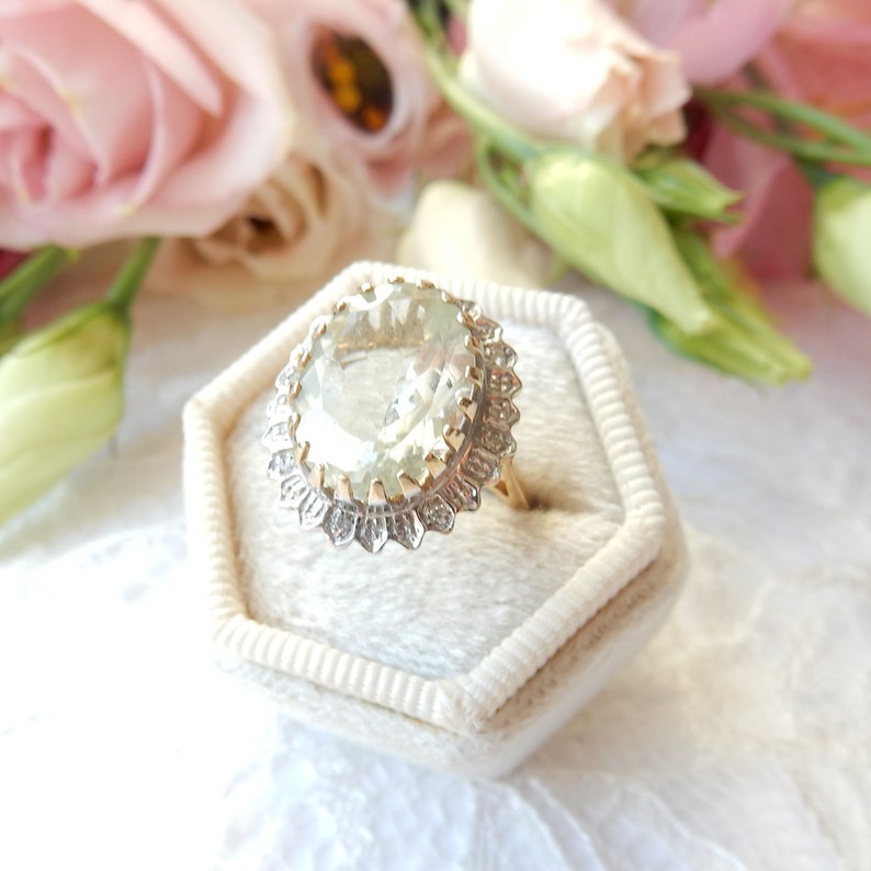 Vintage 9ct Gold Brazilian Green Amethyst & Diamond Ring US Size 6.5 UK N 1/2