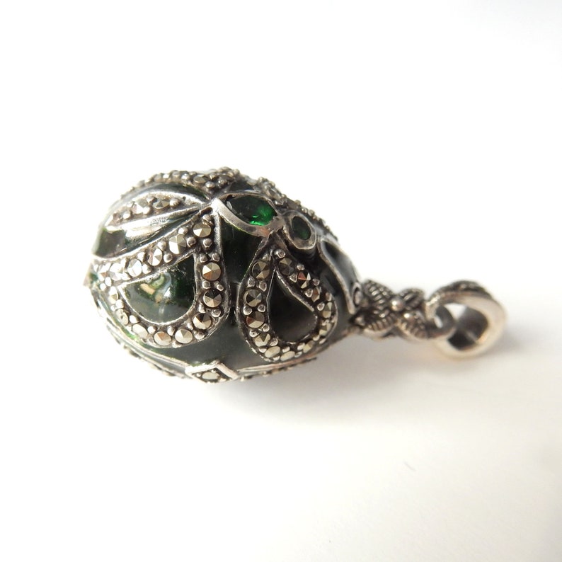 Vintage Sterling Silver Emerald Green Enamel Egg Locket Pendant