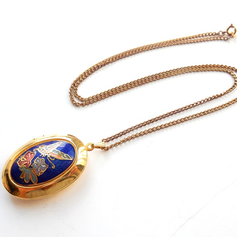Vintage Gold Plated Cloisonne Enamel Butterfly Locket Necklace