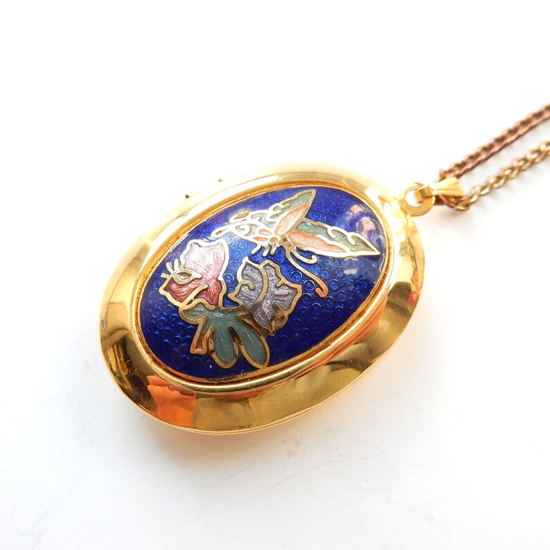Vintage Gold Plated Cloisonne Enamel Butterfly Locket Necklace