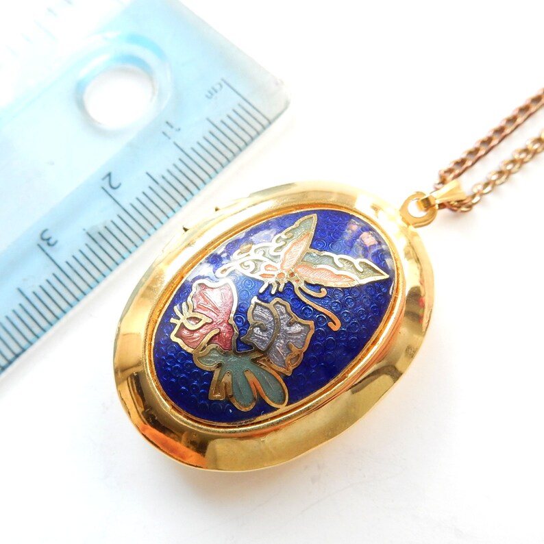 Vintage Gold Plated Cloisonne Enamel Butterfly Locket Necklace
