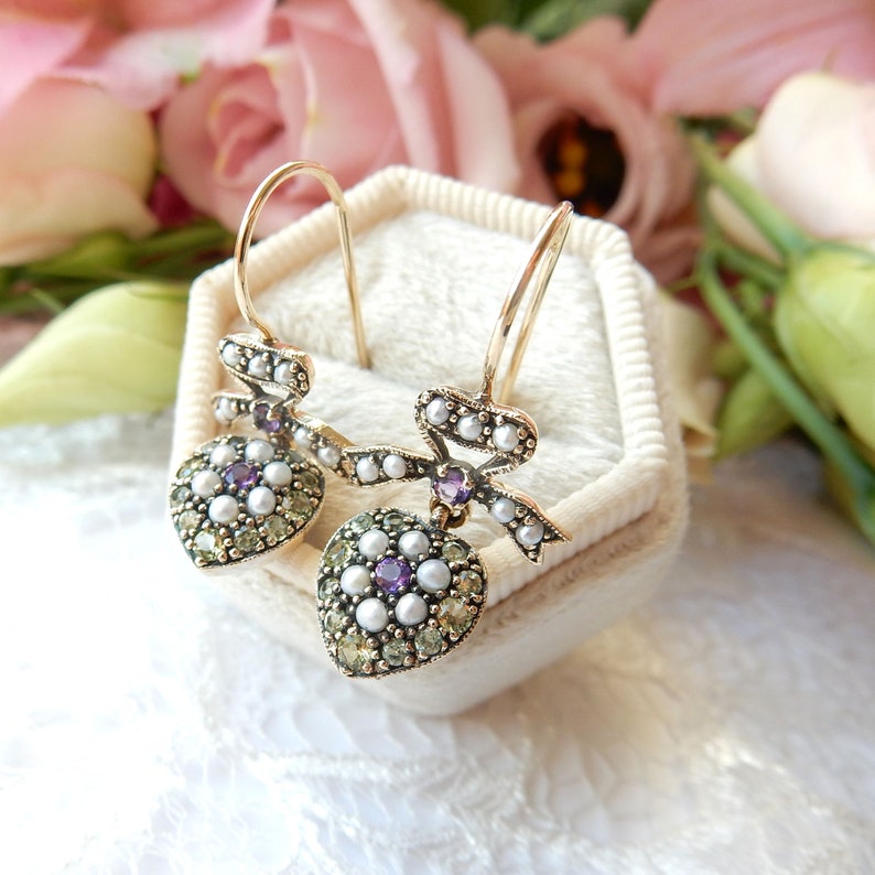 9ct Gold Peridot Amethyst & Pearl Sweetheart Droplet Earrings