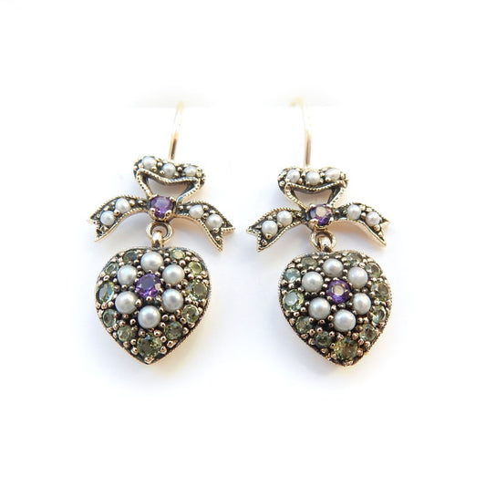 9ct Gold Peridot Amethyst & Pearl Sweetheart Droplet Earrings
