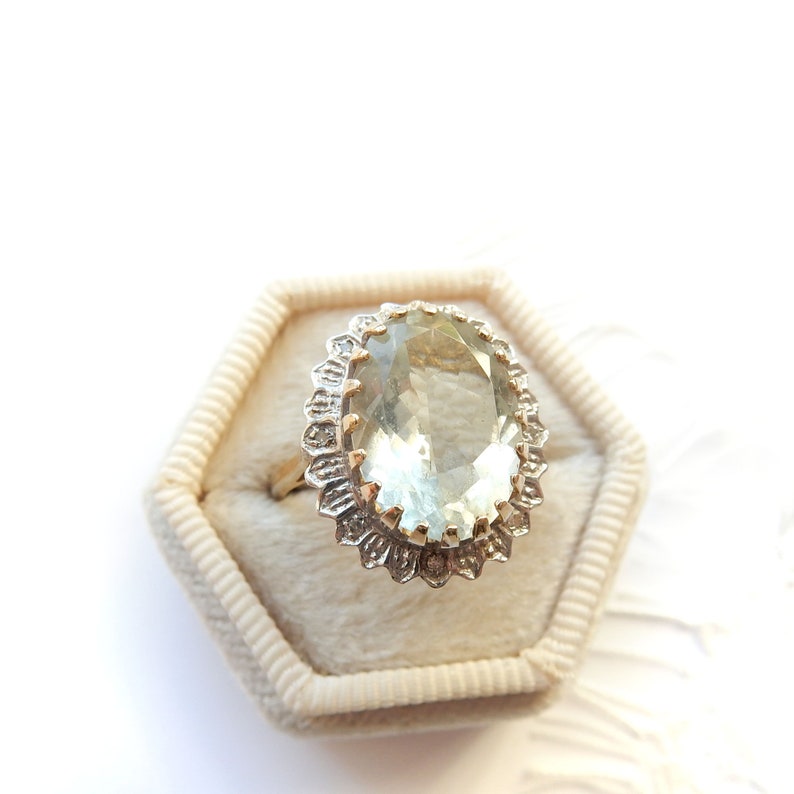 Vintage 9ct Gold Brazilian Green Amethyst & Diamond Ring US Size 6.5 UK N 1/2