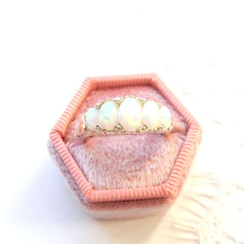 Sterling Silver Opal Five Stone Ring US Size 7 3/4 October Birthstone