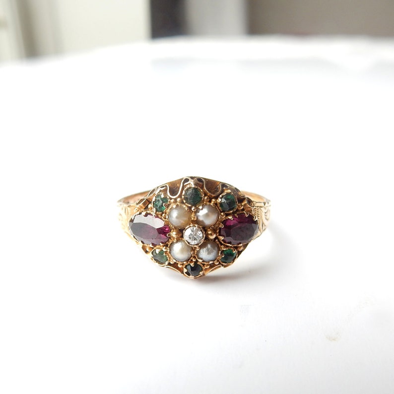 Early Victorian 15ct Gold Amethyst Pearl Emerald & Diamond Ring US Size 6 3/4
