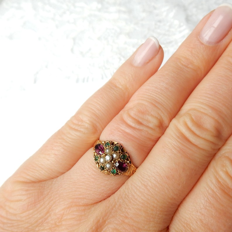 Early Victorian 15ct Gold Amethyst Pearl Emerald & Diamond Ring US Size 6 3/4