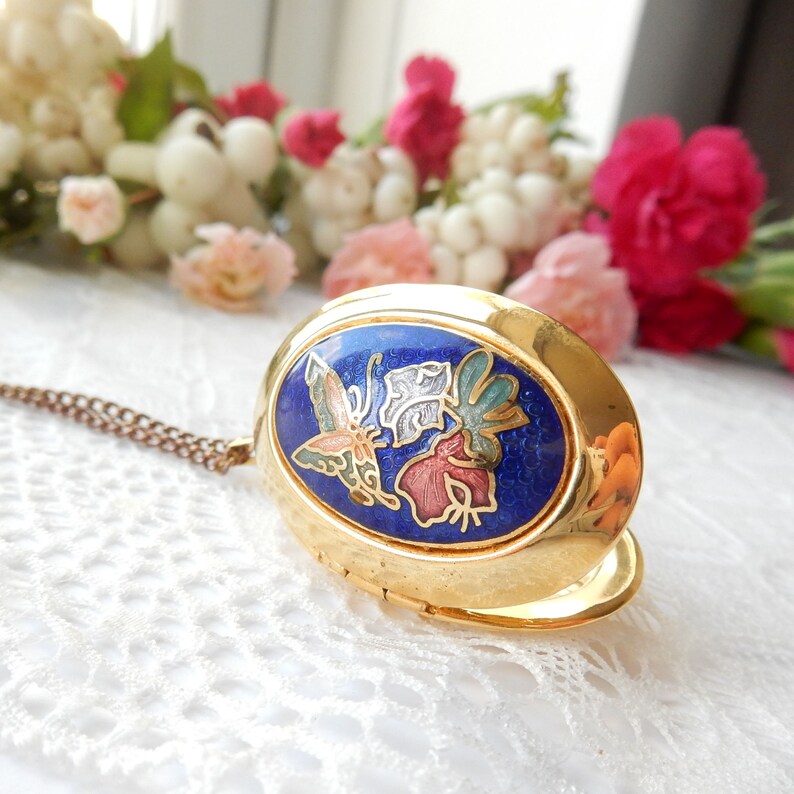 Vintage Gold Plated Cloisonne Enamel Butterfly Locket Necklace