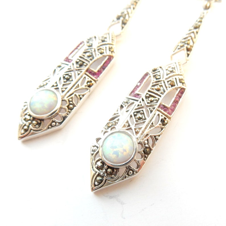 Sterling Silver Marcasite Opal & Ruby Long Drop Earrings