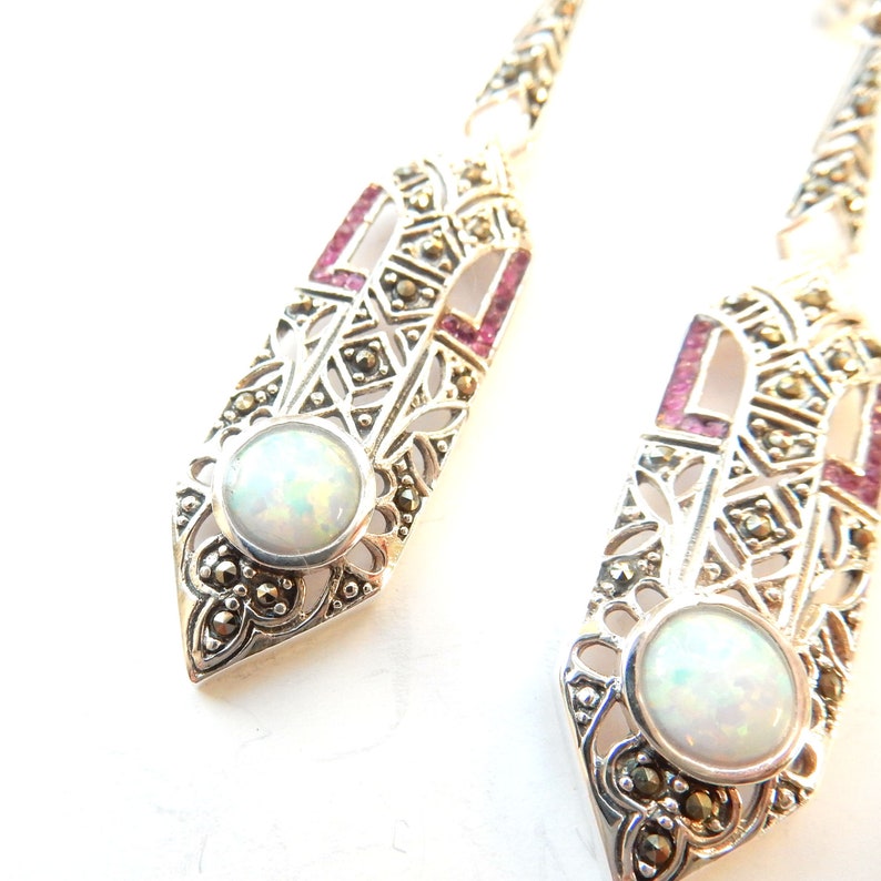 Sterling Silver Marcasite Opal & Ruby Long Drop Earrings