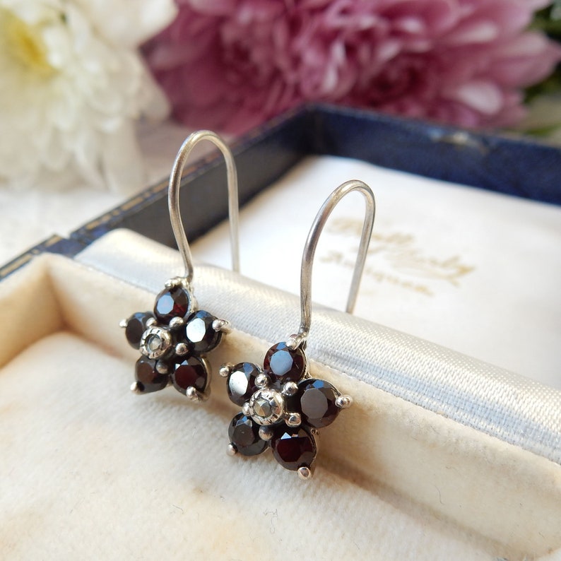 Sterling Silver Garnet Flower Earrings January Birthstone