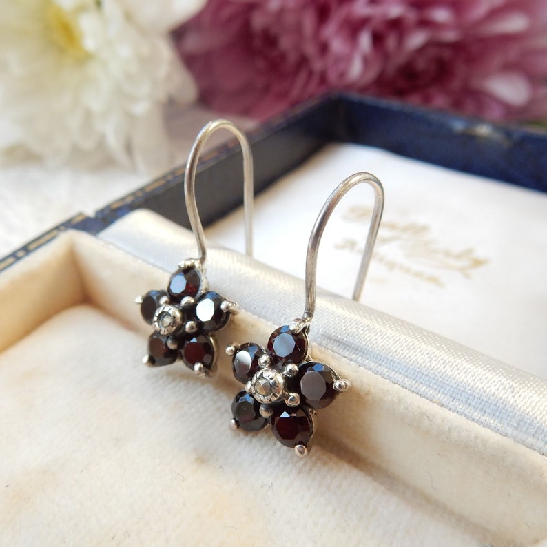 Sterling Silver Garnet Flower Earrings January Birthstone