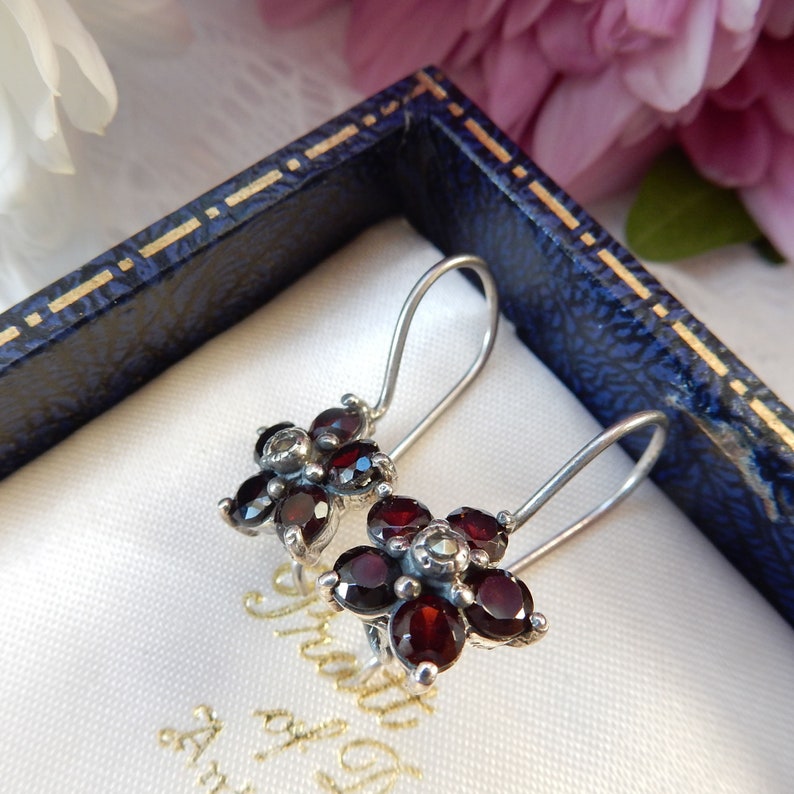 Sterling Silver Garnet Flower Earrings January Birthstone