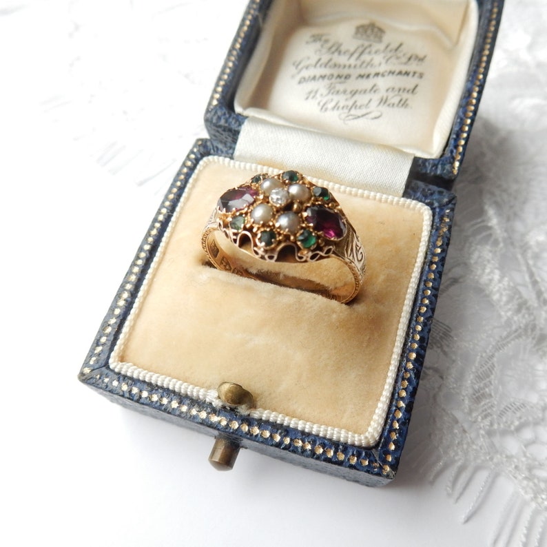 Early Victorian 15ct Gold Amethyst Pearl Emerald & Diamond Ring US Size 6 3/4