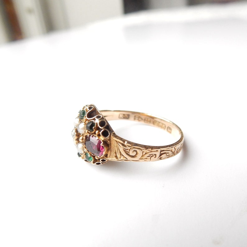 Early Victorian 15ct Gold Amethyst Pearl Emerald & Diamond Ring US Size 6 3/4