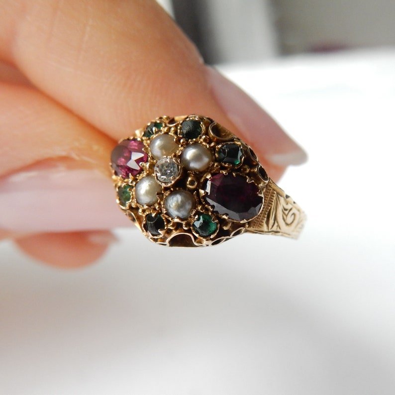 Early Victorian 15ct Gold Amethyst Pearl Emerald & Diamond Ring US Size 6 3/4