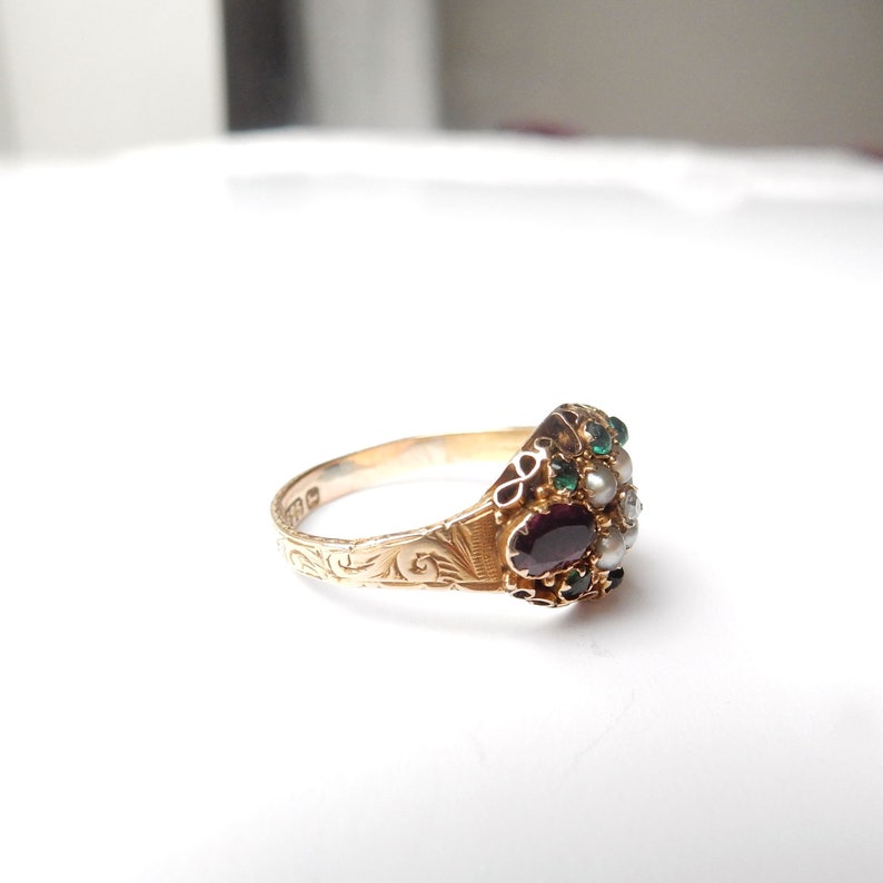 Early Victorian 15ct Gold Amethyst Pearl Emerald & Diamond Ring US Size 6 3/4