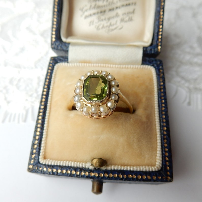 Antique 9ct Gold Peridot & Seed Pearl Ring US Size 6