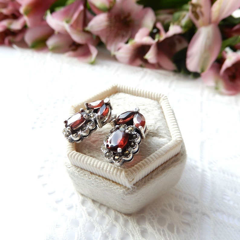 Vintage Sterling Silver Garnet Earrings January Birthstone