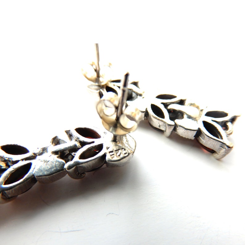 Vintage Sterling Silver Garnet Marcasite Drop Earrings January Birthstone
