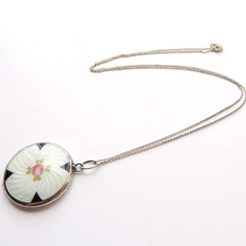 Antique Sterling Siver Guilloche Enamel Locket Necklace
