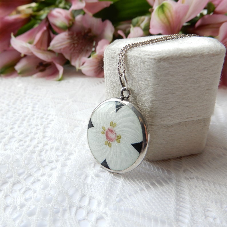 Antique Sterling Siver Guilloche Enamel Locket Necklace