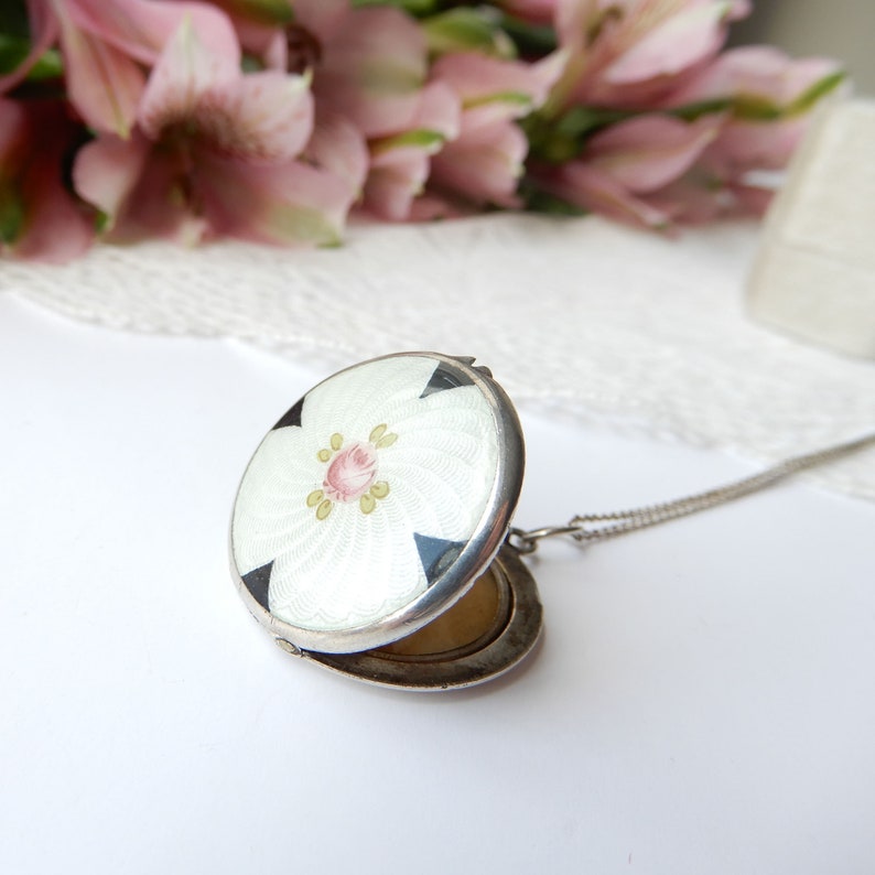 Antique Sterling Siver Guilloche Enamel Locket Necklace