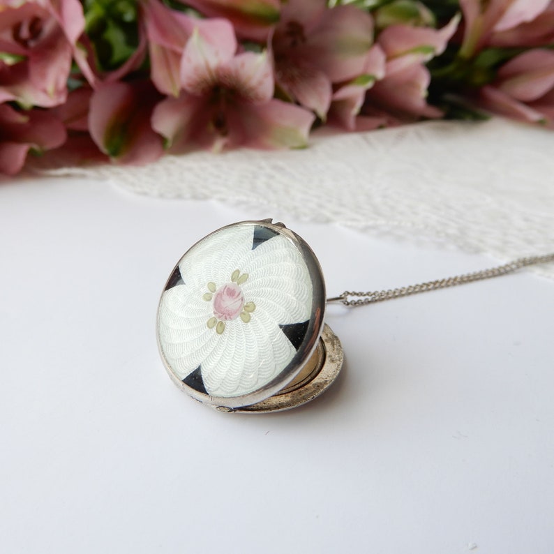Antique Sterling Siver Guilloche Enamel Locket Necklace