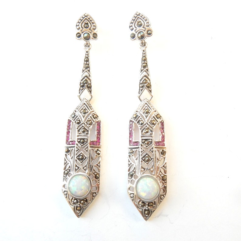 Sterling Silver Marcasite Opal & Ruby Long Drop Earrings