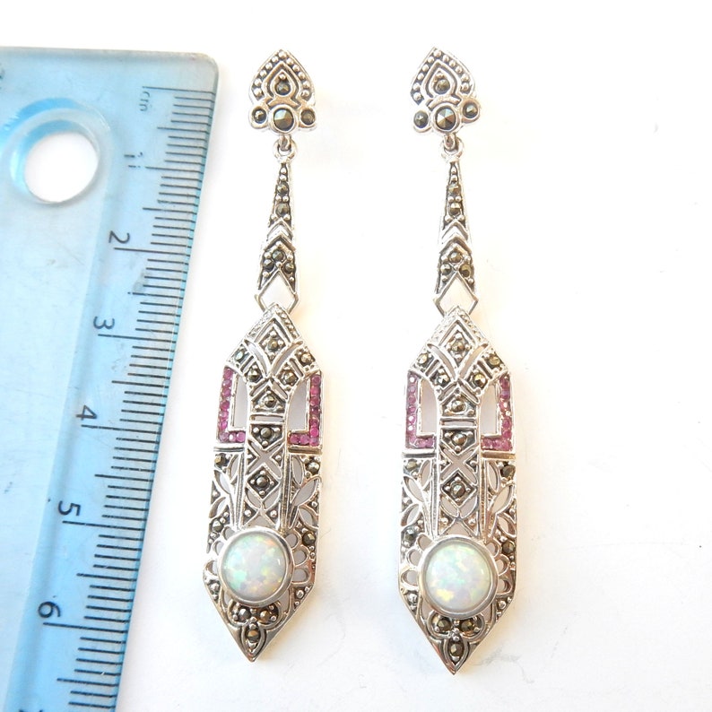 Sterling Silver Marcasite Opal & Ruby Long Drop Earrings