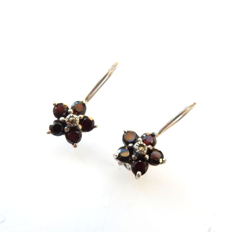 Sterling Silver Garnet Flower Earrings January Birthstone