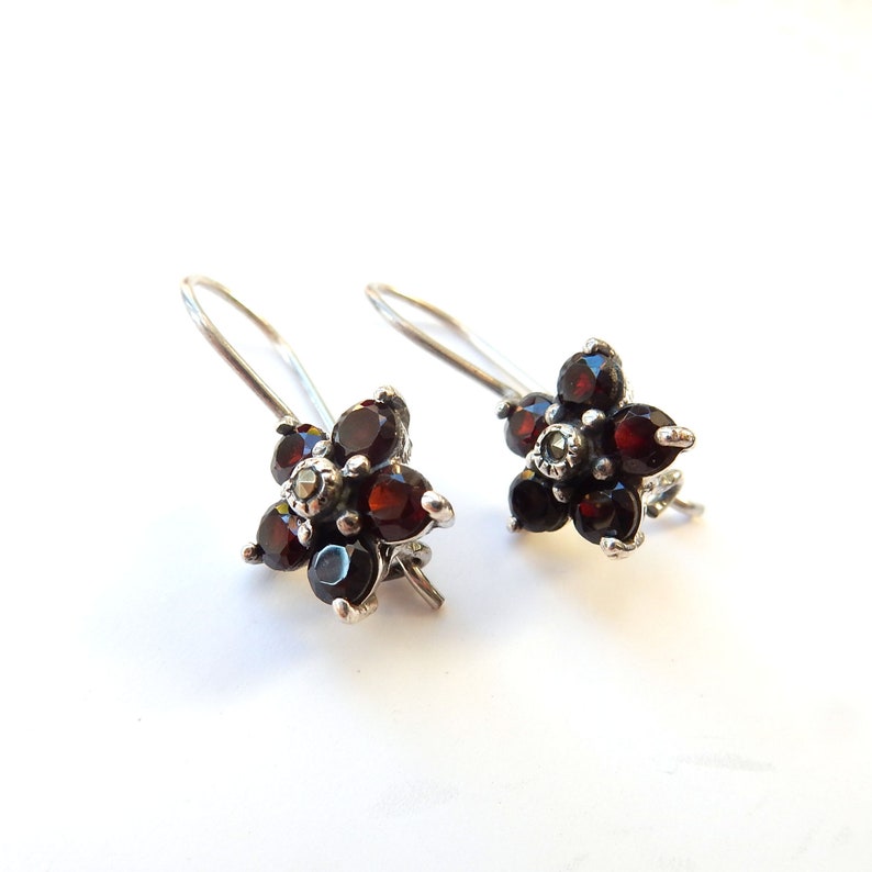 Sterling Silver Garnet Flower Earrings January Birthstone