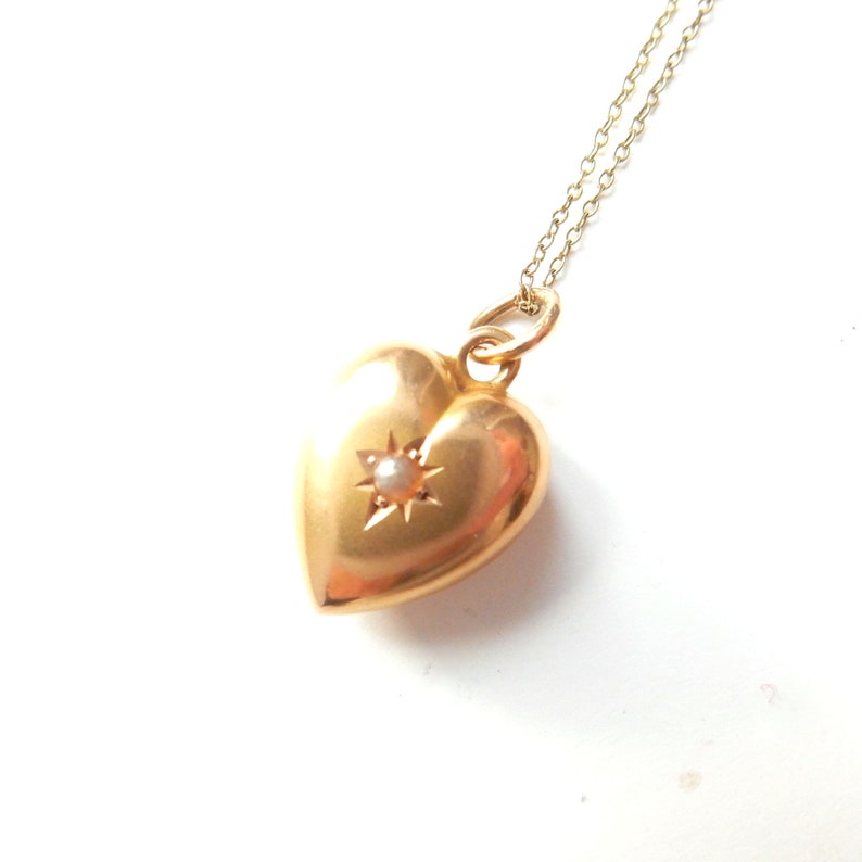 Antique 15ct Gold Seed Pearl Puffy Heart Celestial Charm & 15ct Gold Chain