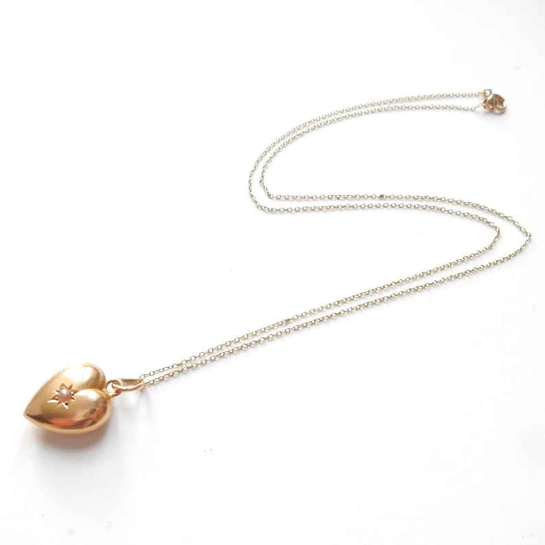 Antique 15ct Gold Seed Pearl Puffy Heart Celestial Charm & 15ct Gold Chain