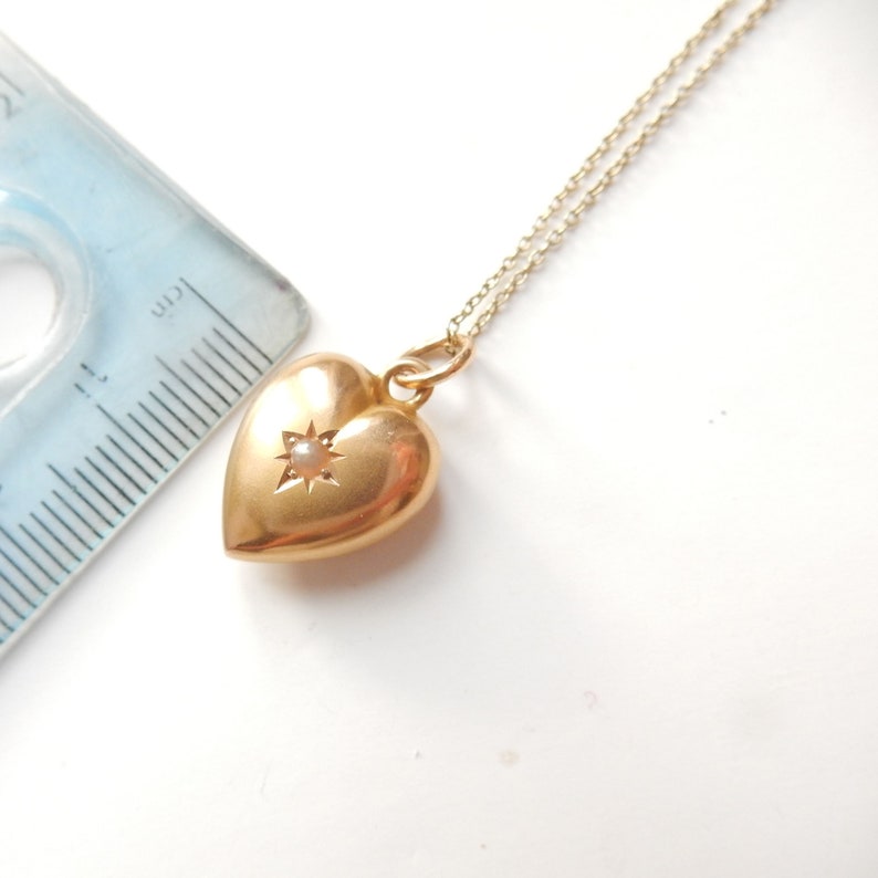 Antique 15ct Gold Seed Pearl Puffy Heart Celestial Charm & 15ct Gold Chain