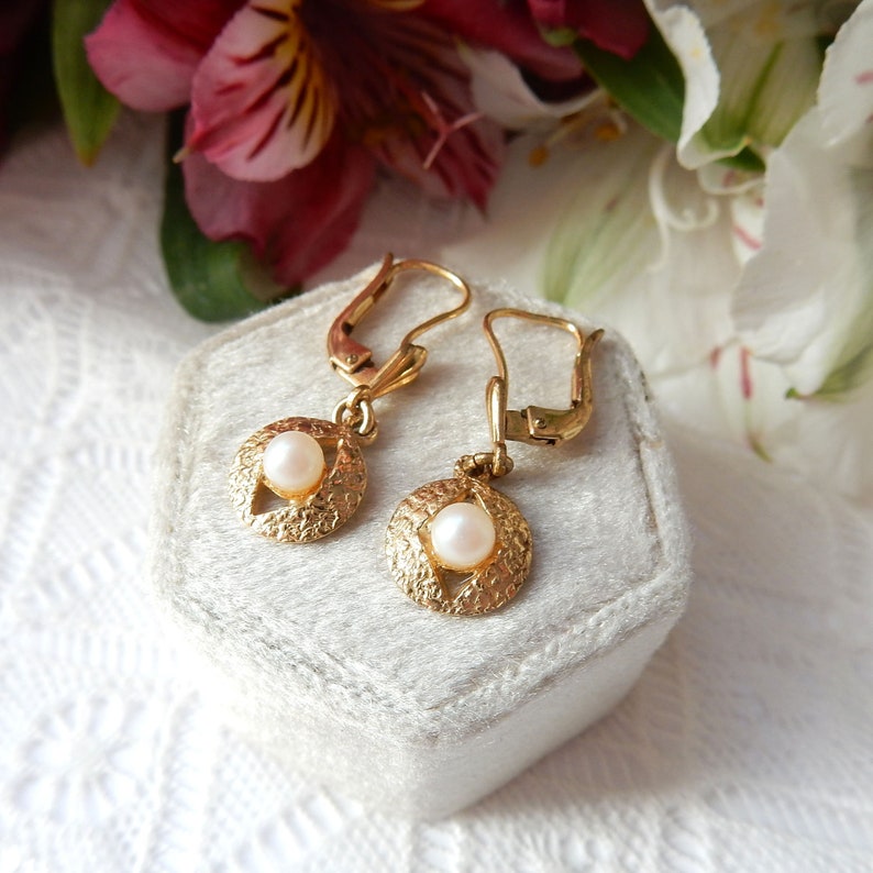 Vintage Rolled Gold Seed Pearl Drop Earrings