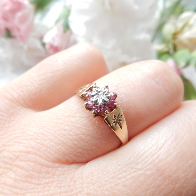 Vintage 9ct Gold Ruby & Diamond Celestial Ring US Size 8 3/4 UK S 1/2