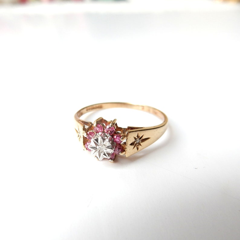 Vintage 9ct Gold Ruby & Diamond Celestial Ring US Size 8 3/4 UK S 1/2