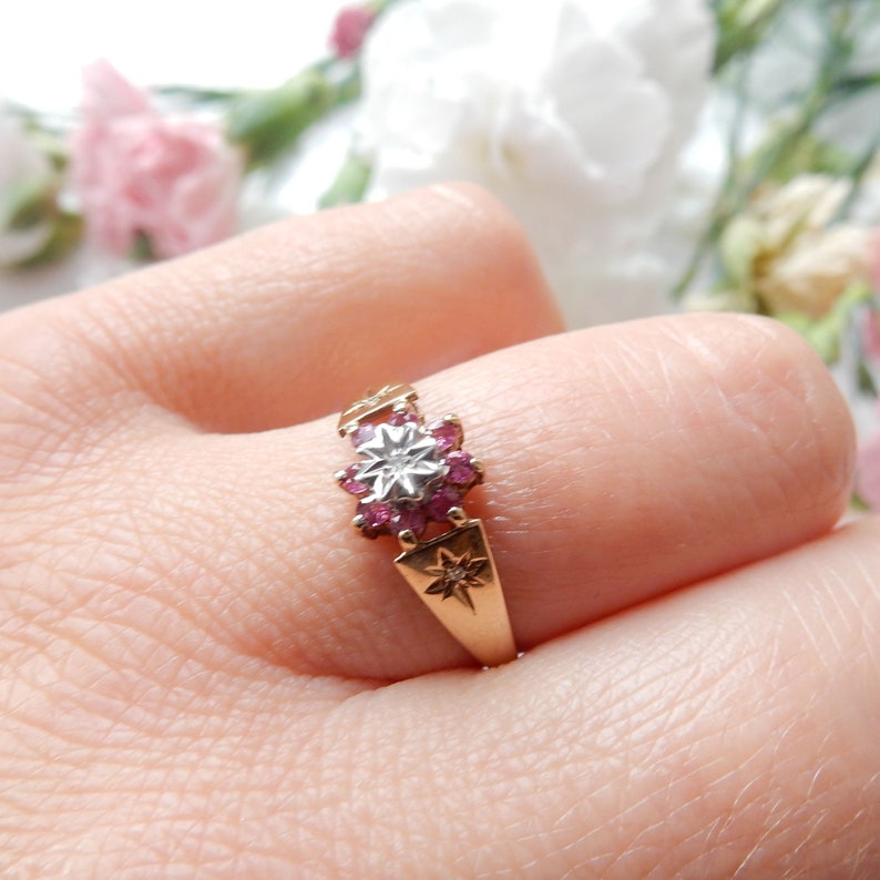 Vintage 9ct Gold Ruby & Diamond Celestial Ring US Size 8 3/4 UK S 1/2