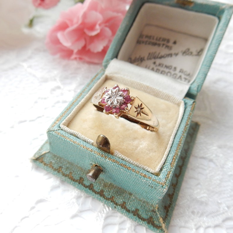 Vintage 9ct Gold Ruby & Diamond Celestial Ring US Size 8 3/4 UK S 1/2
