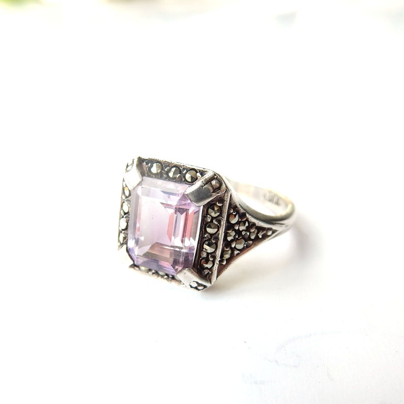 Art Deco Sterling Silver Amethyst & Marcasite Ring US Size 7 1/4 UK P