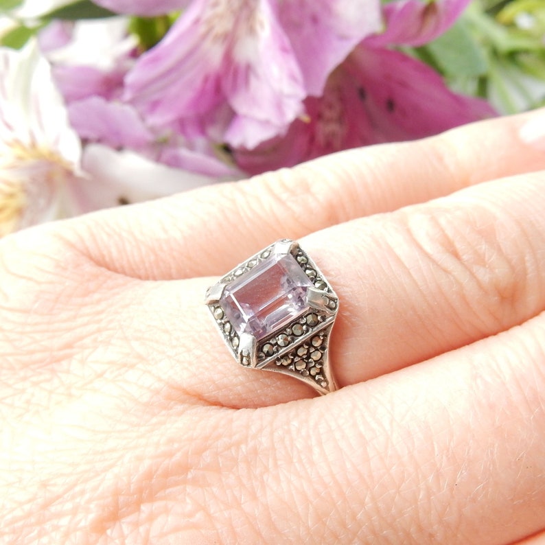 Art Deco Sterling Silver Amethyst & Marcasite Ring US Size 7 1/4 UK P