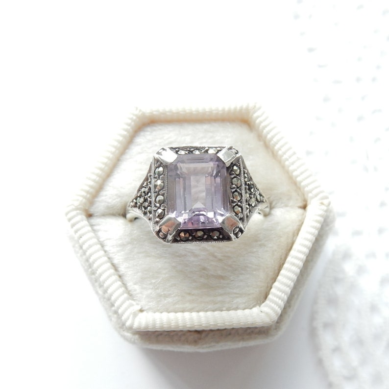 Art Deco Sterling Silver Amethyst & Marcasite Ring US Size 7 1/4 UK P