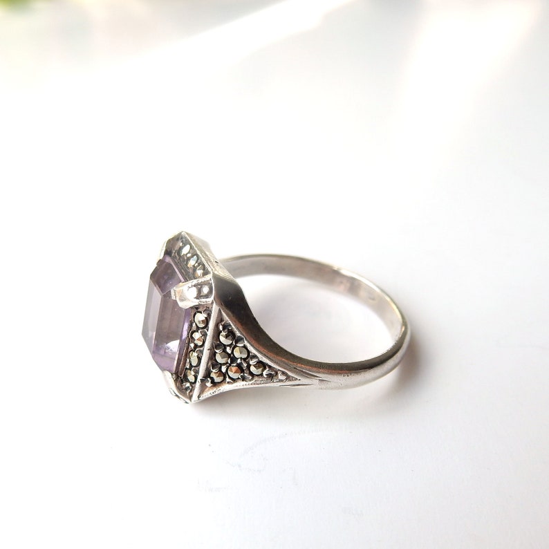 Art Deco Sterling Silver Amethyst & Marcasite Ring US Size 7 1/4 UK P
