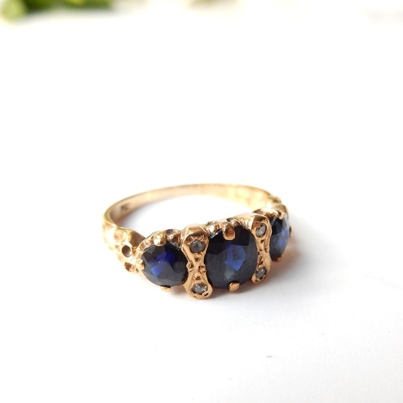 Vintage 10ct Gold Sapphire & Diamond Ring US Size 4.5 UK K